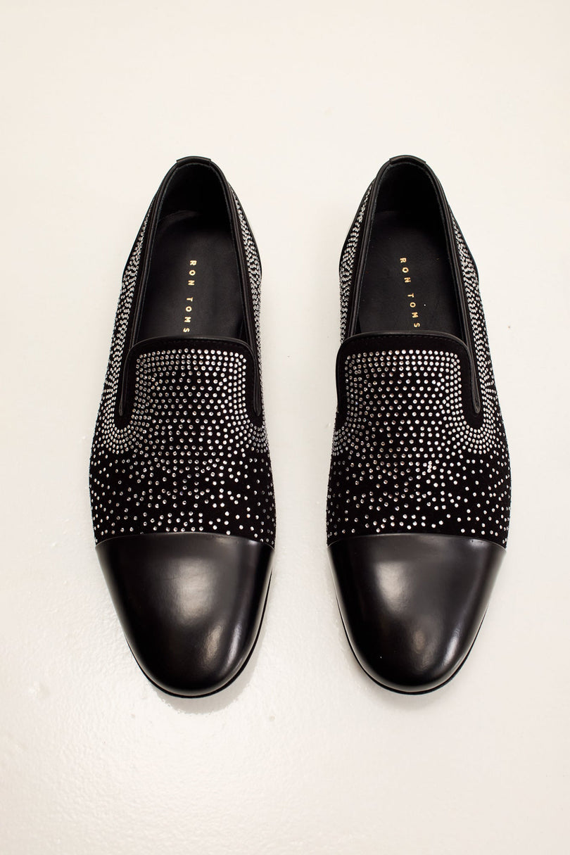 Men's Crystal Embellished Suede Loafer - Black | Ron Tomson