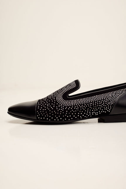 Men's Crystal Embellished Suede Loafer - Black | Ron Tomson