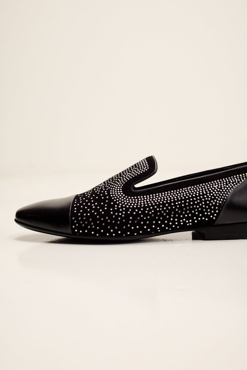 Men's Crystal Embellished Suede Loafer - Black | Ron Tomson