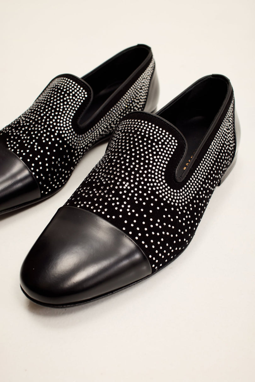 Men's Crystal Embellished Suede Loafer - Black | Ron Tomson