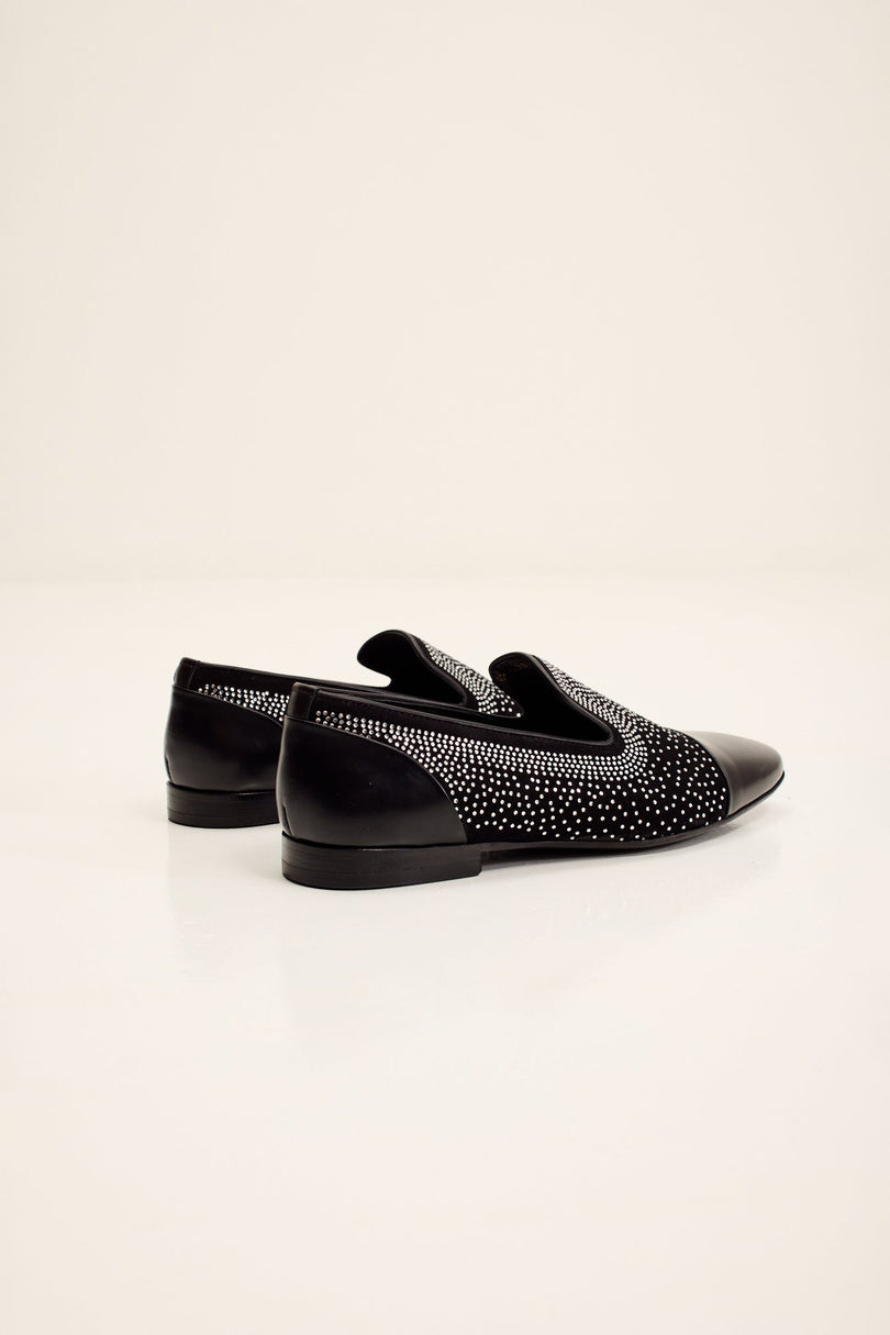Men's Crystal Embellished Suede Loafer - Black | Ron Tomson