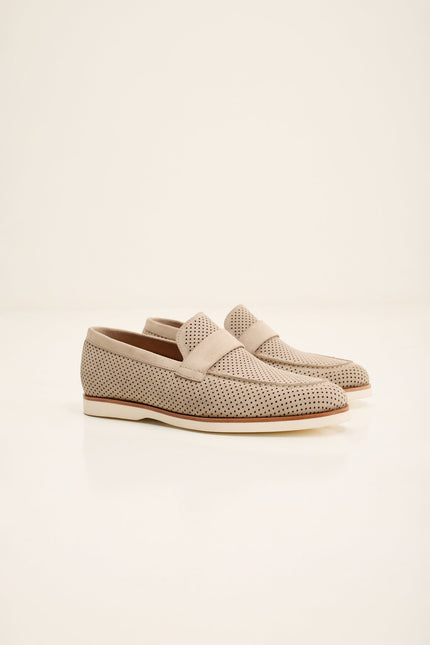 Men's Perforated Nubuck Loafer - Beige | Ron Tomson