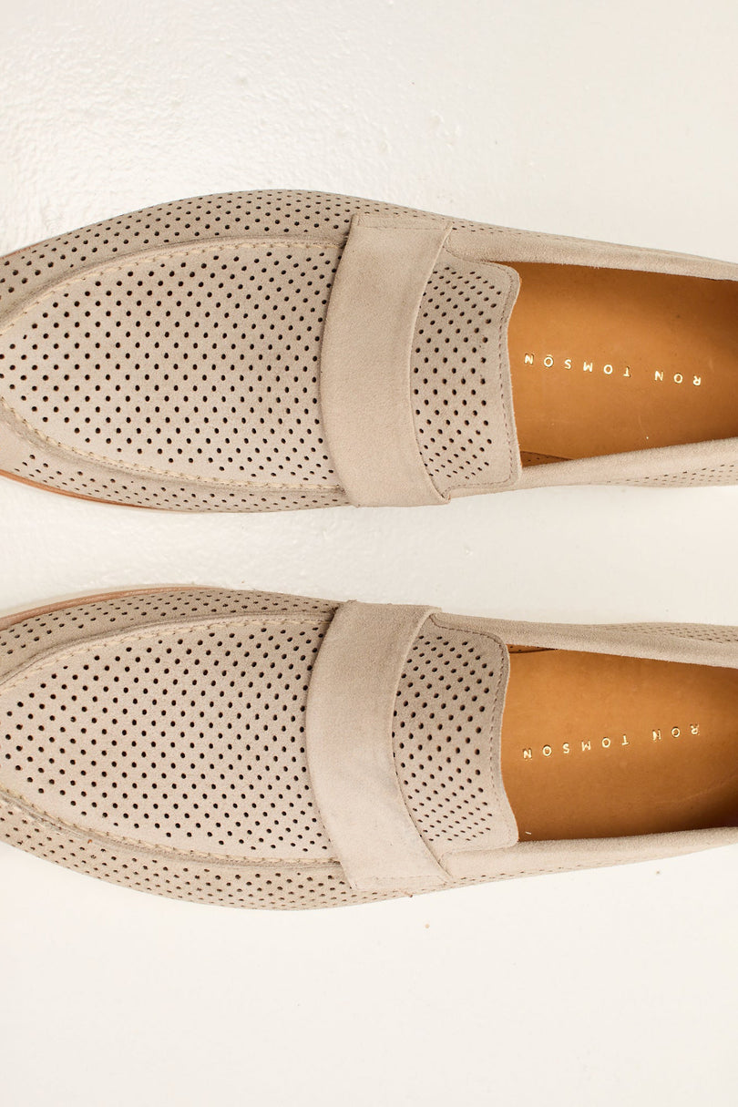 Men's Perforated Nubuck Loafer - Beige | Ron Tomson