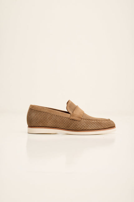 Men's Perforated Nubuck Loafers - Taupe Suede | Ron Tomson