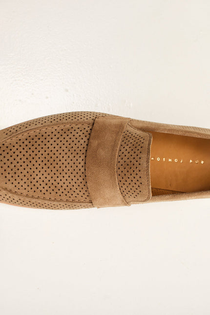 Men's Perforated Nubuck Loafers - Taupe Suede | Ron Tomson