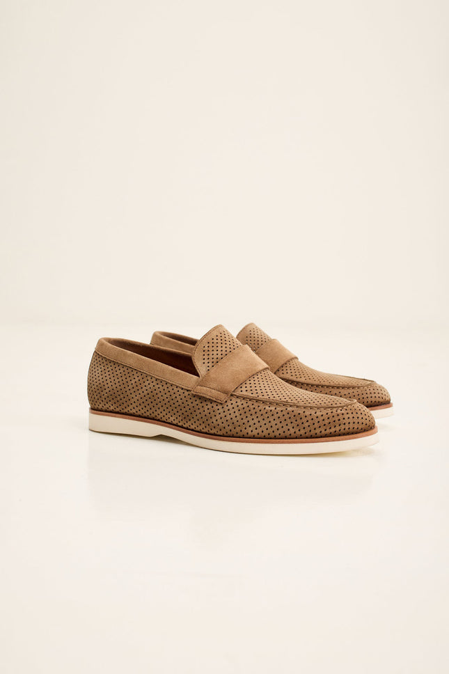 Men's Perforated Nubuck Loafers - Taupe Suede | Ron Tomson