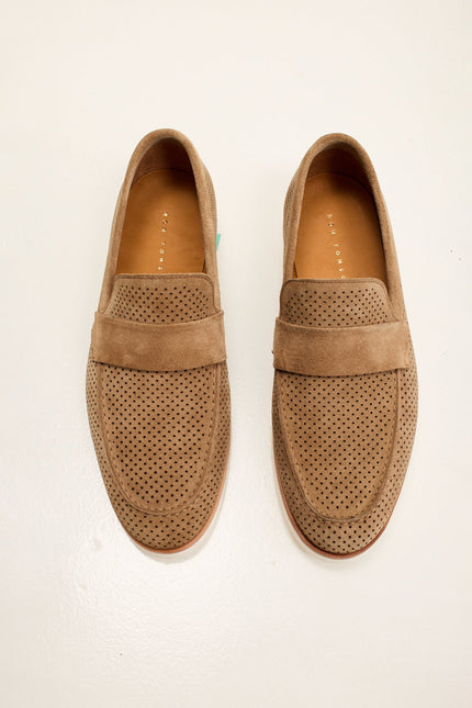 Men's Perforated Nubuck Loafers - Taupe Suede | Ron Tomson