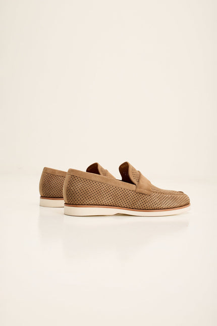 Men's Perforated Nubuck Loafers - Taupe Suede | Ron Tomson