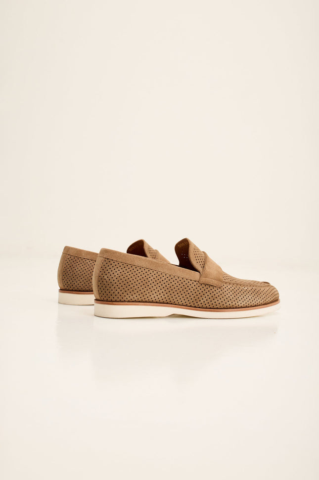 Men's Perforated Nubuck Loafers - Taupe Suede | Ron Tomson