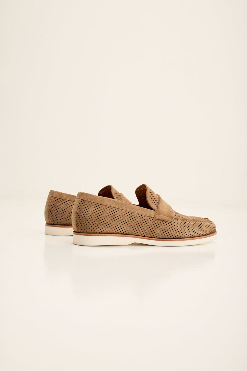 Men's Perforated Nubuck Loafers - Taupe Suede | Ron Tomson