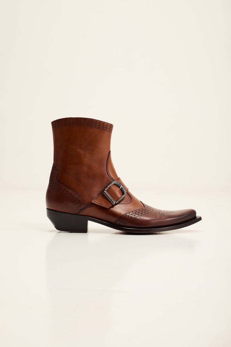Men's Western Side Buckle Leather Boots with Cowboy Heel and Pointed Toe - Brown | Ron Tomson