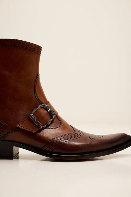 Men's Western Side Buckle Leather Boots with Cowboy Heel and Pointed Toe - Brown | Ron Tomson, image 3 of 7