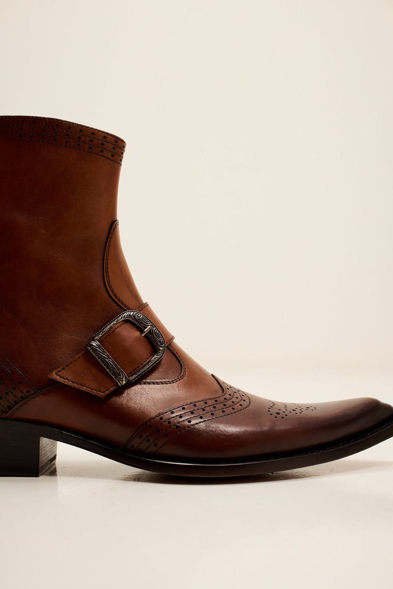 Men's Western Side Buckle Leather Boots with Cowboy Heel and Pointed Toe - Brown | Ron Tomson