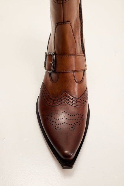 Men's Western Side Buckle Leather Boots with Cowboy Heel and Pointed Toe - Brown | Ron Tomson, image 4 of 7
