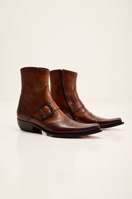 Men's Western Side Buckle Leather Boots with Cowboy Heel and Pointed Toe - Brown | Ron Tomson