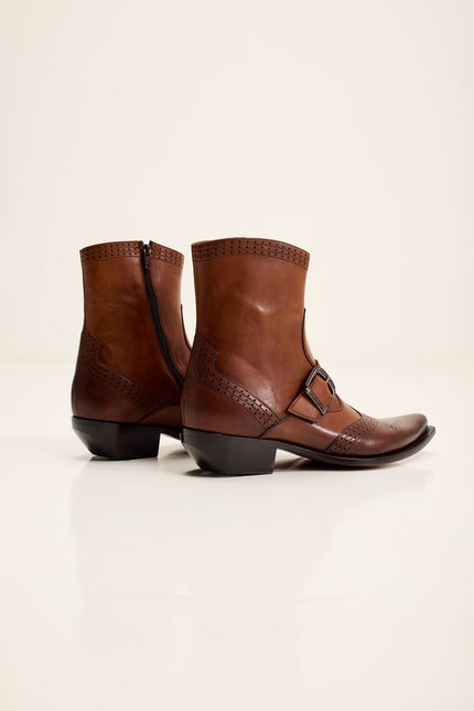 Men's Western Side Buckle Leather Boots with Cowboy Heel and Pointed Toe - Brown | Ron Tomson, image 5 of 7