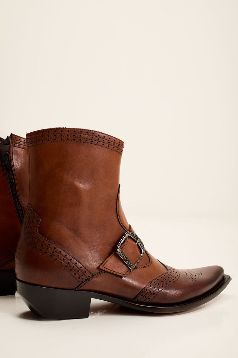 Men's Western Side Buckle Leather Boots with Cowboy Heel and Pointed Toe - Brown | Ron Tomson