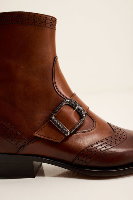 Men's Western Side Buckle Leather Boots with Cowboy Heel and Pointed Toe - Brown | Ron Tomson, image 7 of 7