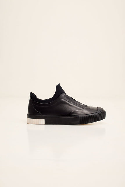 Men's Italian Gommus Sole Neoprene Neck Leather Sneaker - Black | Ron Tomson