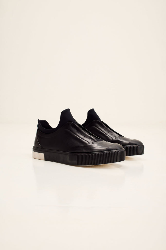 Men's Italian Gommus Sole Neoprene Neck Leather Sneaker - Black | Ron Tomson