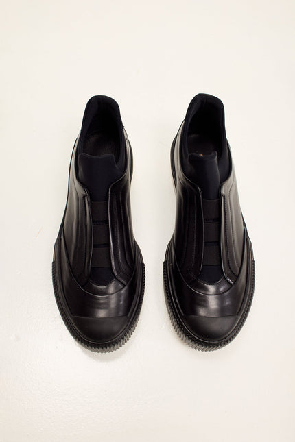 Men's Italian Gommus Sole Neoprene Neck Leather Sneaker - Black | Ron Tomson