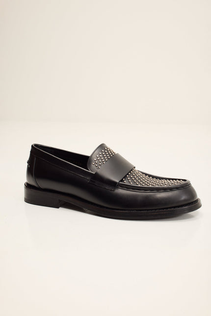Men's Leather Studded Penny Loafer - Black | Ron Tomson