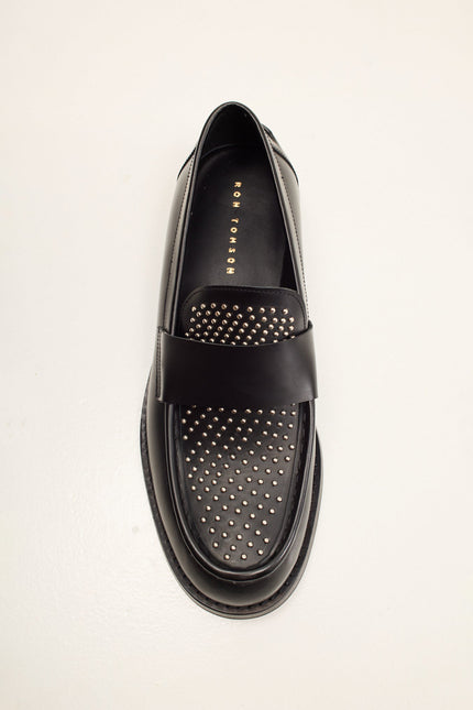 Men's Leather Studded Penny Loafer - Black | Ron Tomson