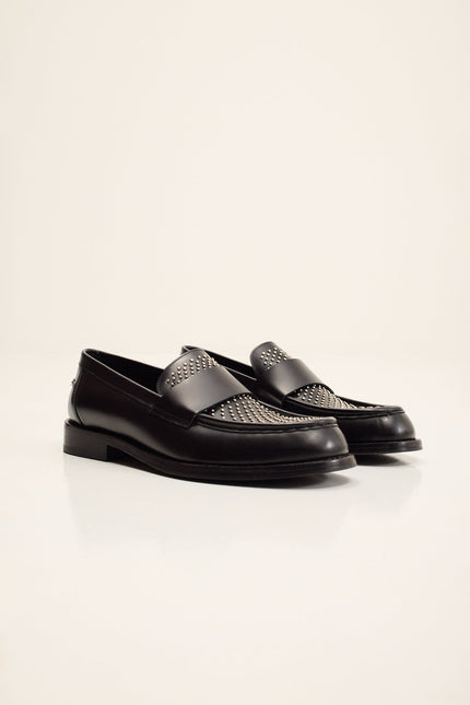 Men's Leather Studded Penny Loafer - Black | Ron Tomson
