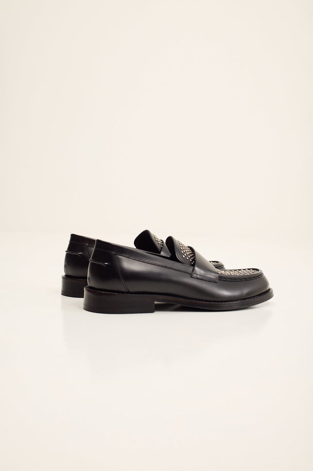 Men's Leather Studded Penny Loafer - Black | Ron Tomson