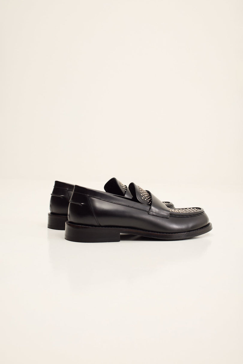 Men's Leather Studded Penny Loafer - Black | Ron Tomson