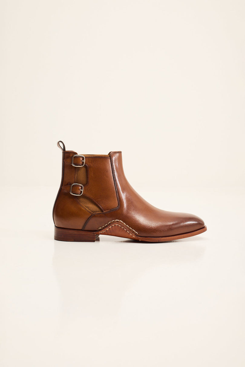 Men's Double-Buckle Italian Leather Chelsea Boot - Brown | Ron Tomson