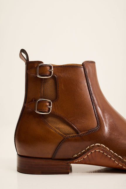 Men's Double-Buckle Italian Leather Chelsea Boot - Brown | Ron Tomson