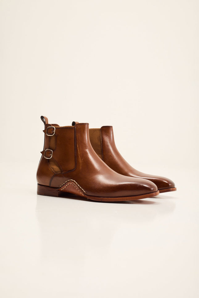 Men's Double-Buckle Italian Leather Chelsea Boot - Brown | Ron Tomson