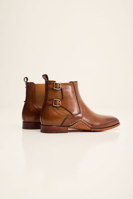 Men's Double-Buckle Italian Leather Chelsea Boot - Brown | Ron Tomson