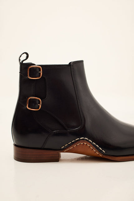 Men's Double-Buckle Italian Leather Chelsea Boot - Black | Ron Tomson