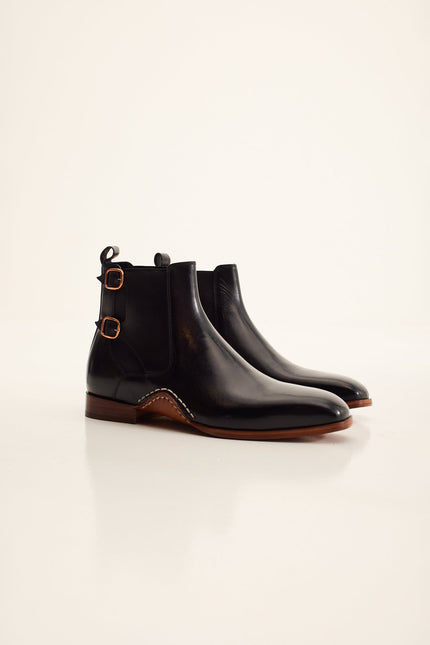 Men's Double-Buckle Italian Leather Chelsea Boot - Black | Ron Tomson