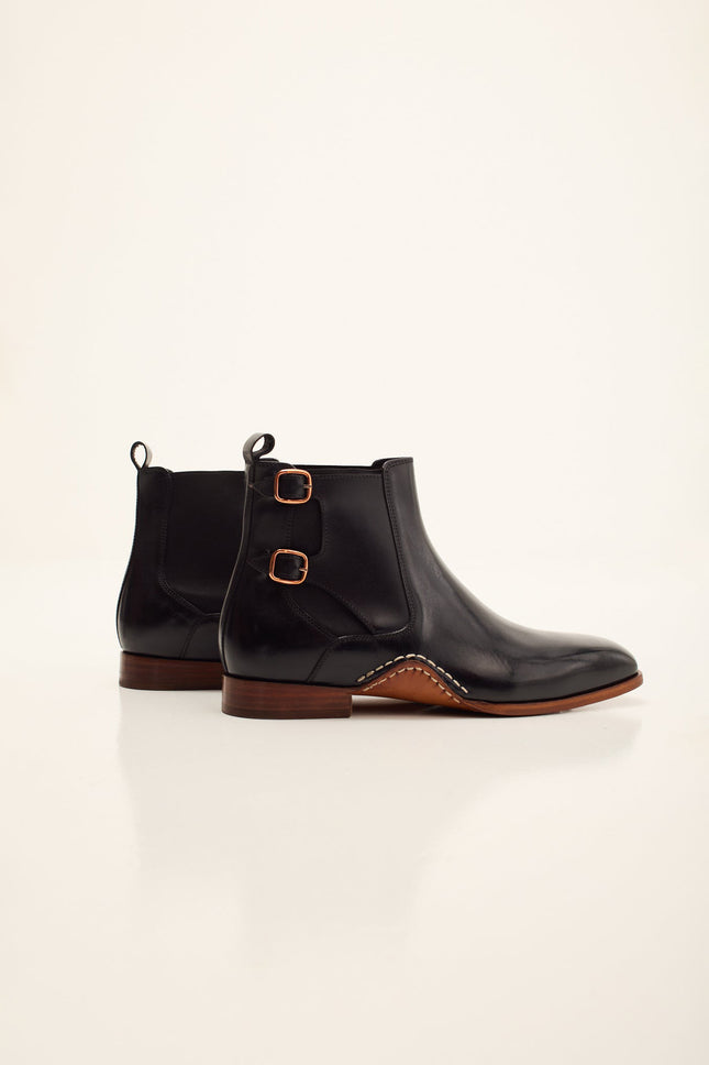 Men's Double-Buckle Italian Leather Chelsea Boot - Black | Ron Tomson