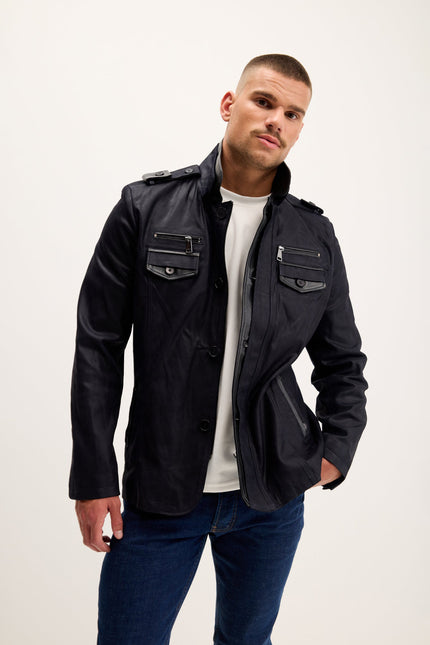 Men's Lambskin Suede Mandarin Collar Field Jacket - Navy | Ron Tomson