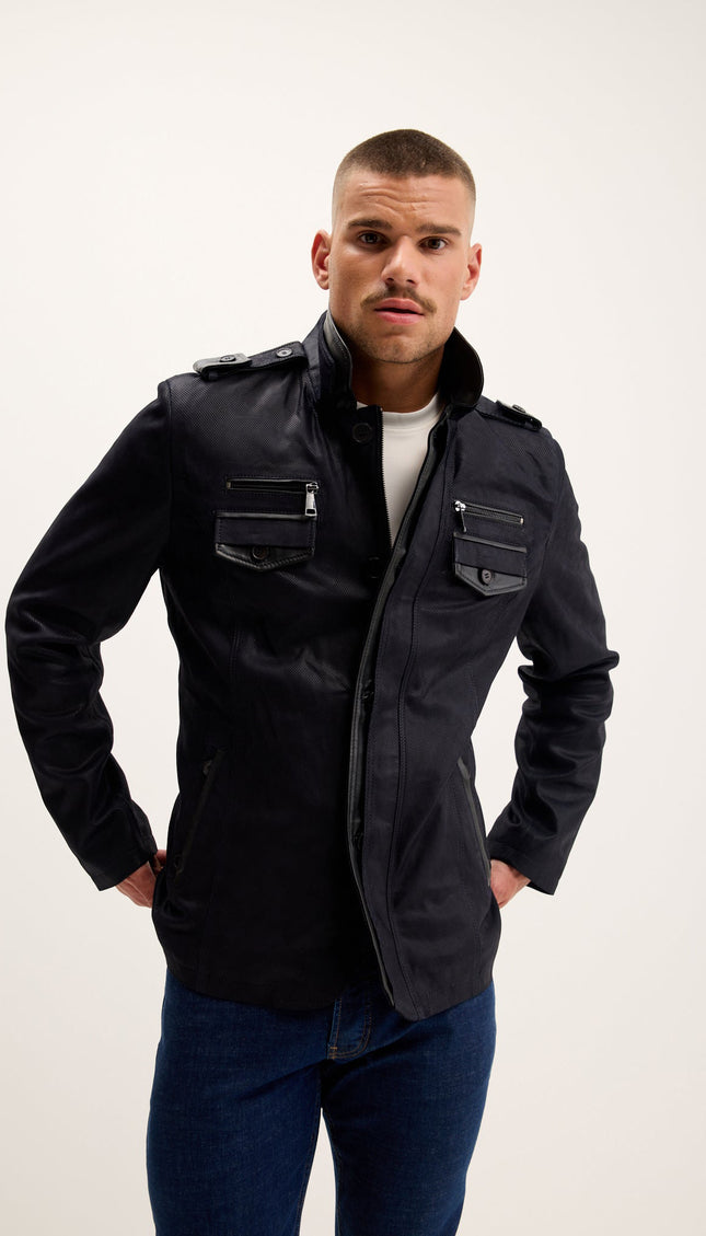 Lambskin Suede Mandarin Collar Field Jacket - Navy