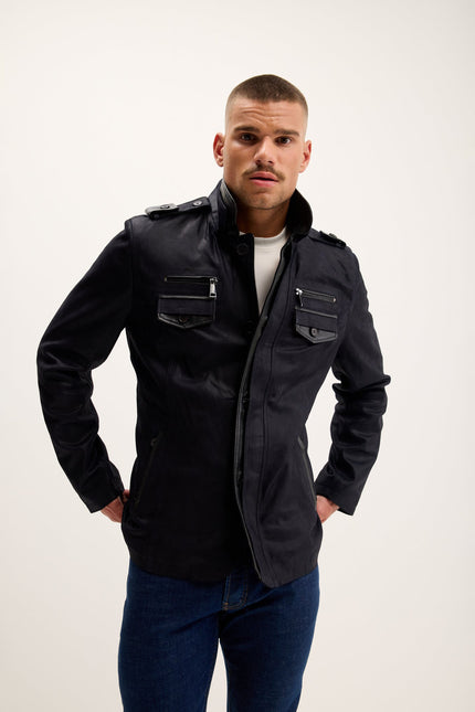 Men's Lambskin Suede Mandarin Collar Field Jacket - Navy | Ron Tomson