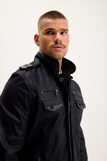 Men's Lambskin Suede Mandarin Collar Field Jacket - Navy | Ron Tomson