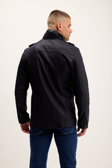 Men's Lambskin Suede Mandarin Collar Field Jacket - Navy | Ron Tomson