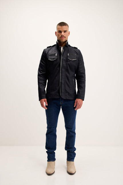 Men's Lambskin Suede Mandarin Collar Field Jacket - Navy | Ron Tomson