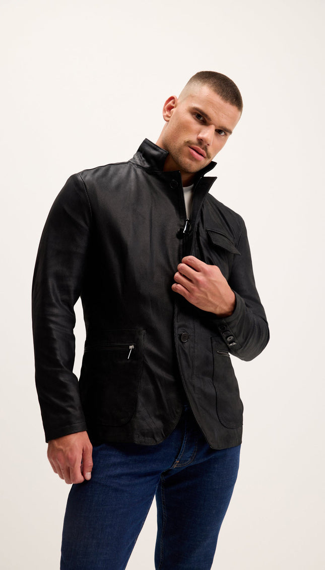 Mandarin Collar Lambskin Suede Field Jacket - Black