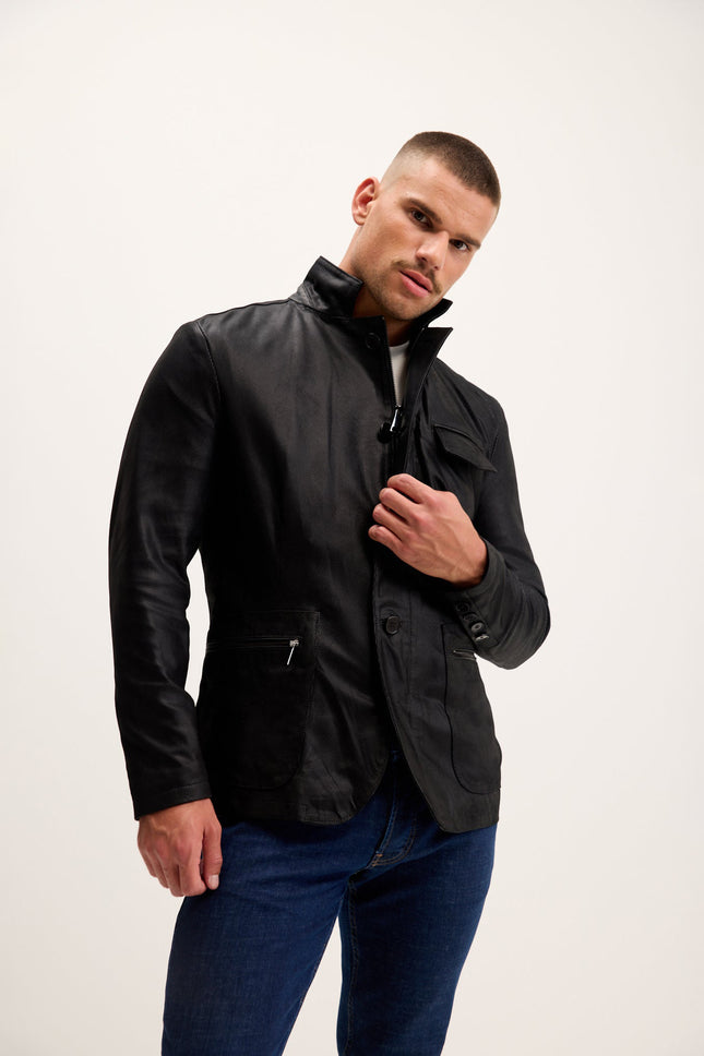 Men's Mandarin Collar Lambskin Suede Field Jacket - Black | Ron Tomson