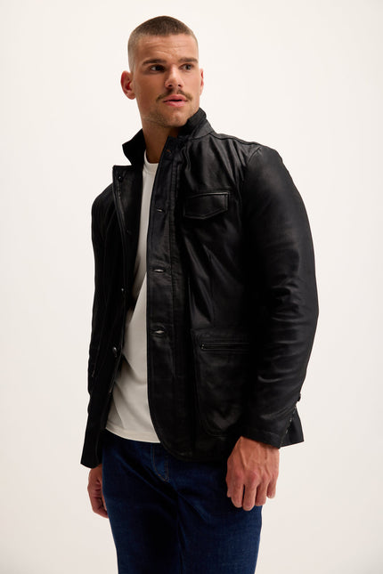 Men's Mandarin Collar Lambskin Suede Field Jacket - Black | Ron Tomson