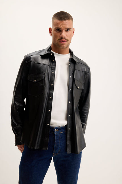 Men's Lambskin Leather Shirt - Black | Ron Tomson