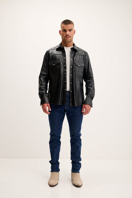 Men's Lambskin Leather Shirt - Black | Ron Tomson