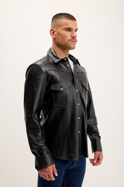 Men's Lambskin Leather Shirt - Black | Ron Tomson