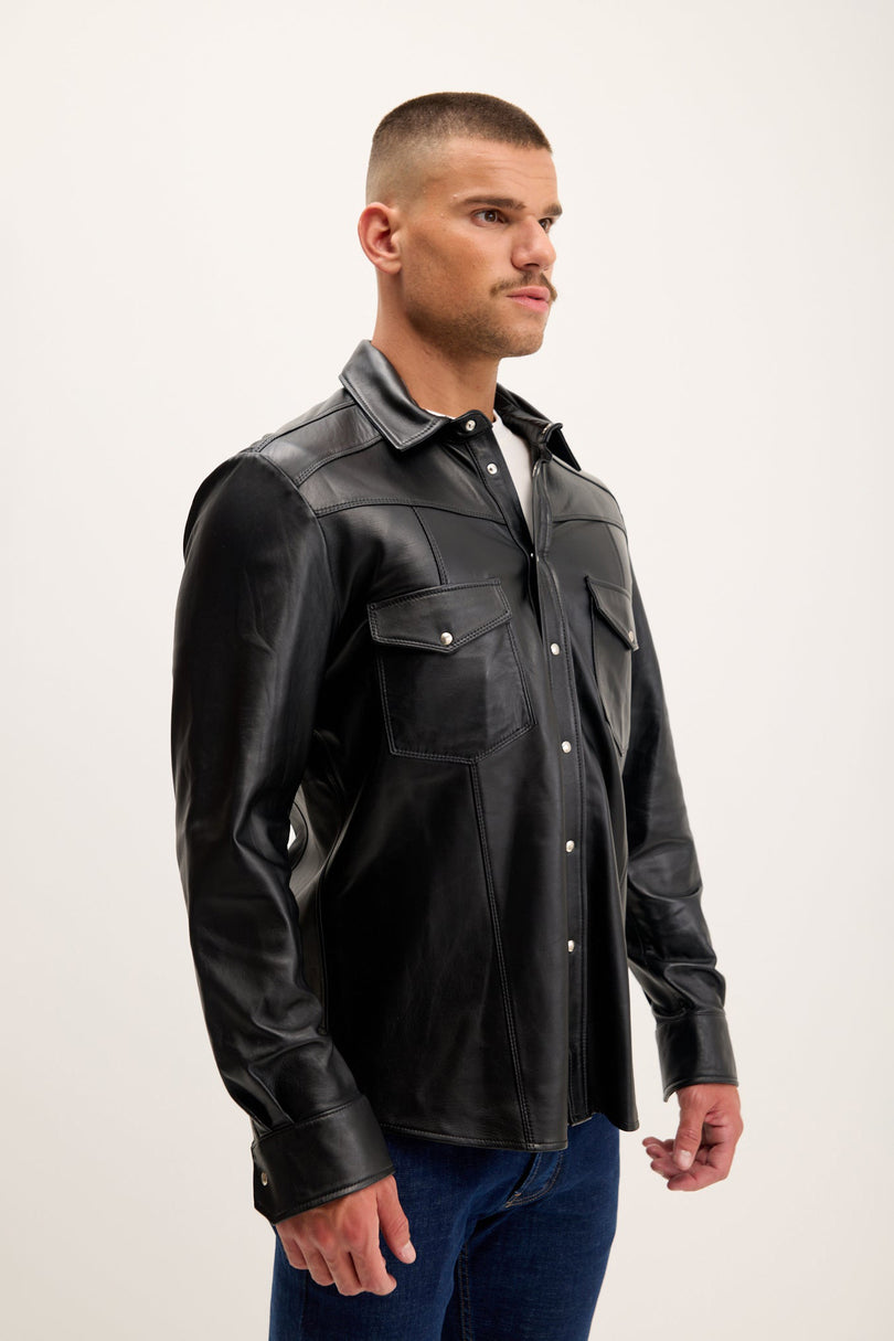 Men's Lambskin Leather Shirt - Black | Ron Tomson